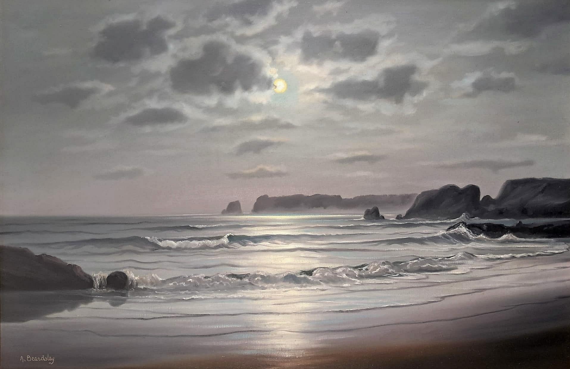 Costa illuminata dalla luna - Grande dipinto a olio della metà del 20° secolo in inglese con paesaggio marino costiero - Painting di Arnold Beardsley