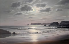 Moonlit Coast - Large Mid 20th Century English Seascape Coastal Oil Painting