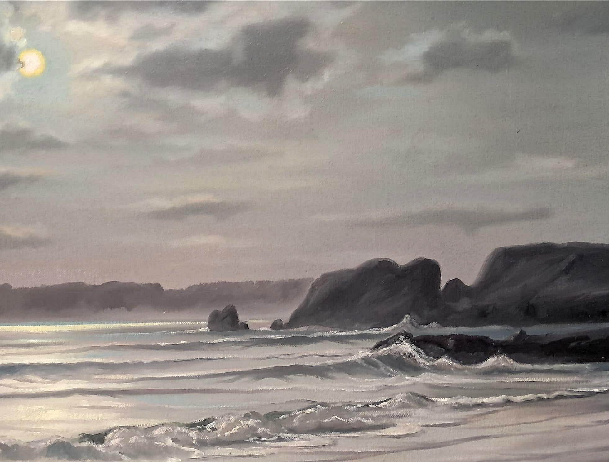 Un bellissimo olio su tela di grandi dimensioni della metà del XX secolo che raffigura un paesaggio marino costiero illuminato dalla luna, opera di Arnold Beardsley.

L'opera è firmata in basso a destra e presentata in una cornice dorata con angoli