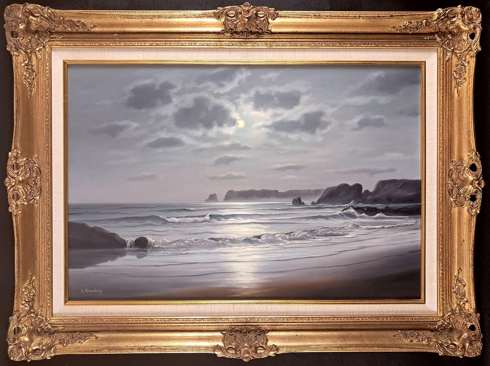 Landscape Painting di Arnold Beardsley - Costa illuminata dalla luna - Grande dipinto a olio della metà del 20° secolo in inglese con paesaggio marino costiero