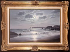 Moonlit Coast - Großes englisches Meereslandschafts-Ölgemälde mit Mondschein aus der Mitte des 20. Jahrhunderts