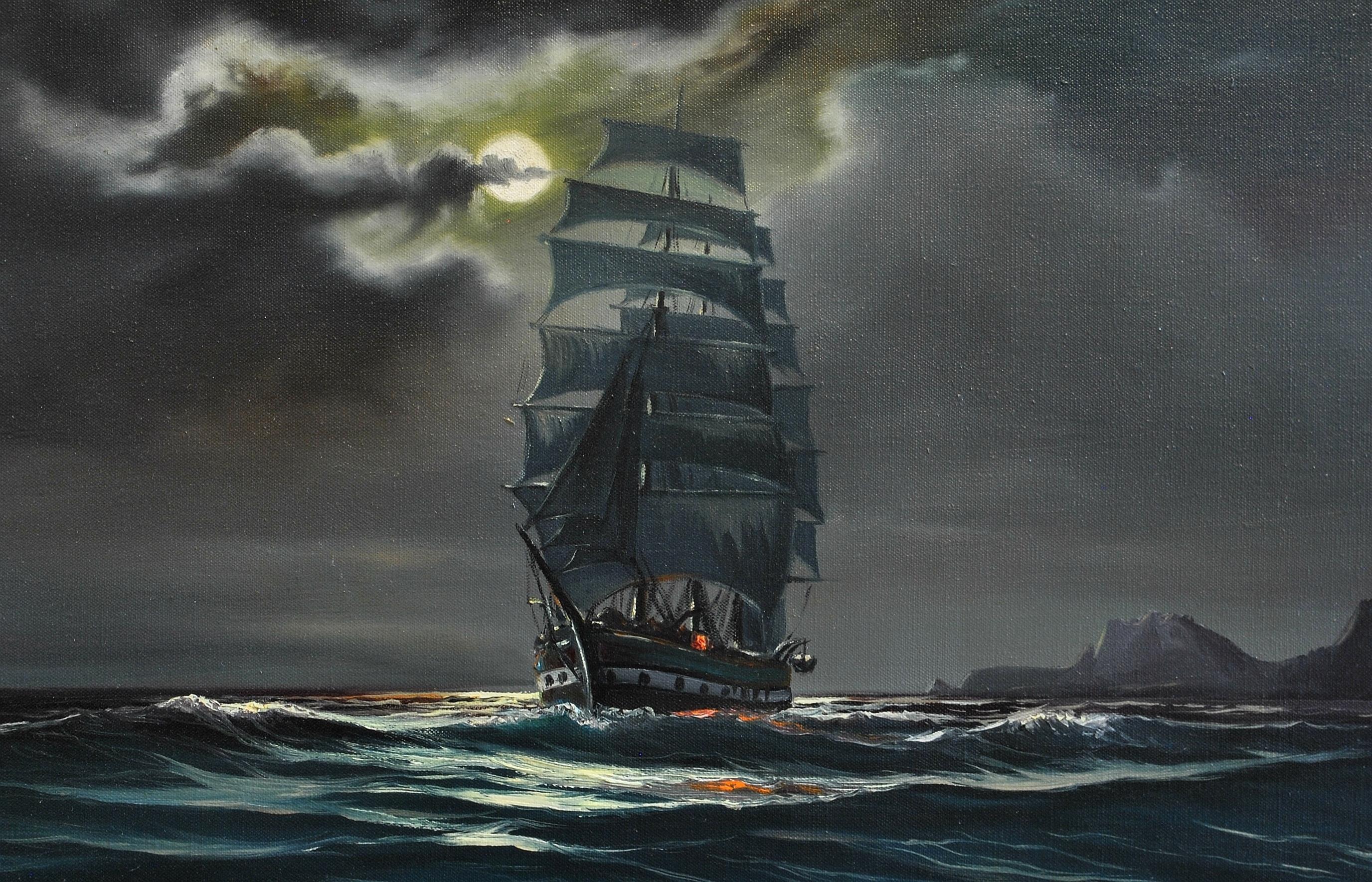 The Hesperus - Mid 20th Century Moonlit Seascape Oil on Canvas Ship Painting - Black Landscape Painting by Arnold Beardsley