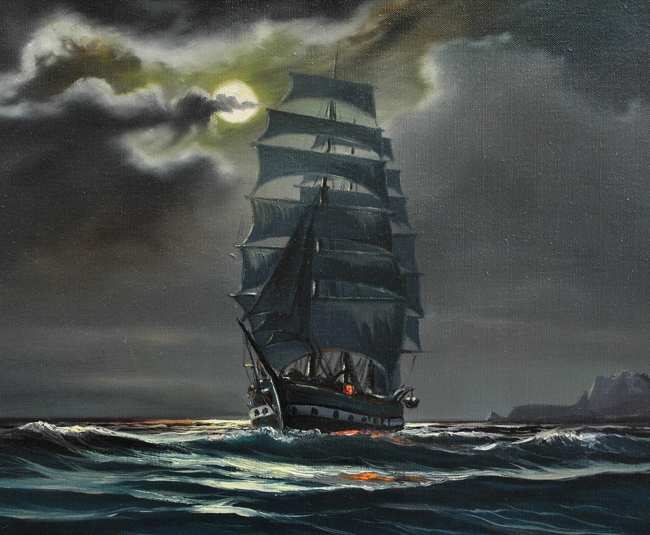 This atmospheric 1960's oil on canvas by Arnold Beardsley depicts The Hesperus at sea under a moonlit sky.

Hesperus was an iron-hulled, three-masted, passenger clipper ship that was built in Scotland in 1874 and scrapped in Italy in 1923. She was