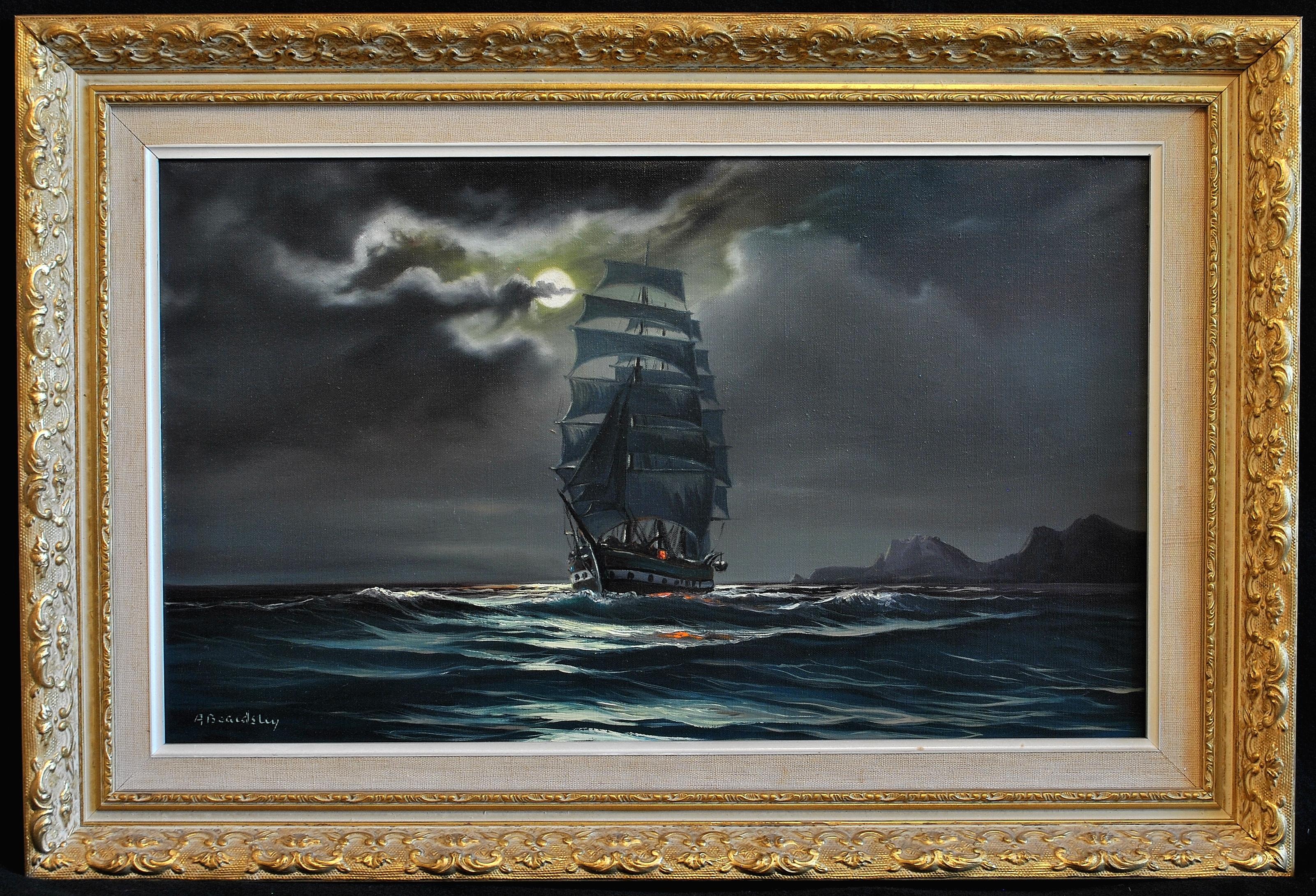 Arnold Beardsley Landscape Painting - The Hesperus - Mid 20th Century Moonlit Seascape Oil on Canvas Ship Painting