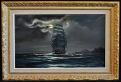 Vintage The Hesperus - Mid 20th Century Moonlit Seascape Oil on Canvas Ship Painting