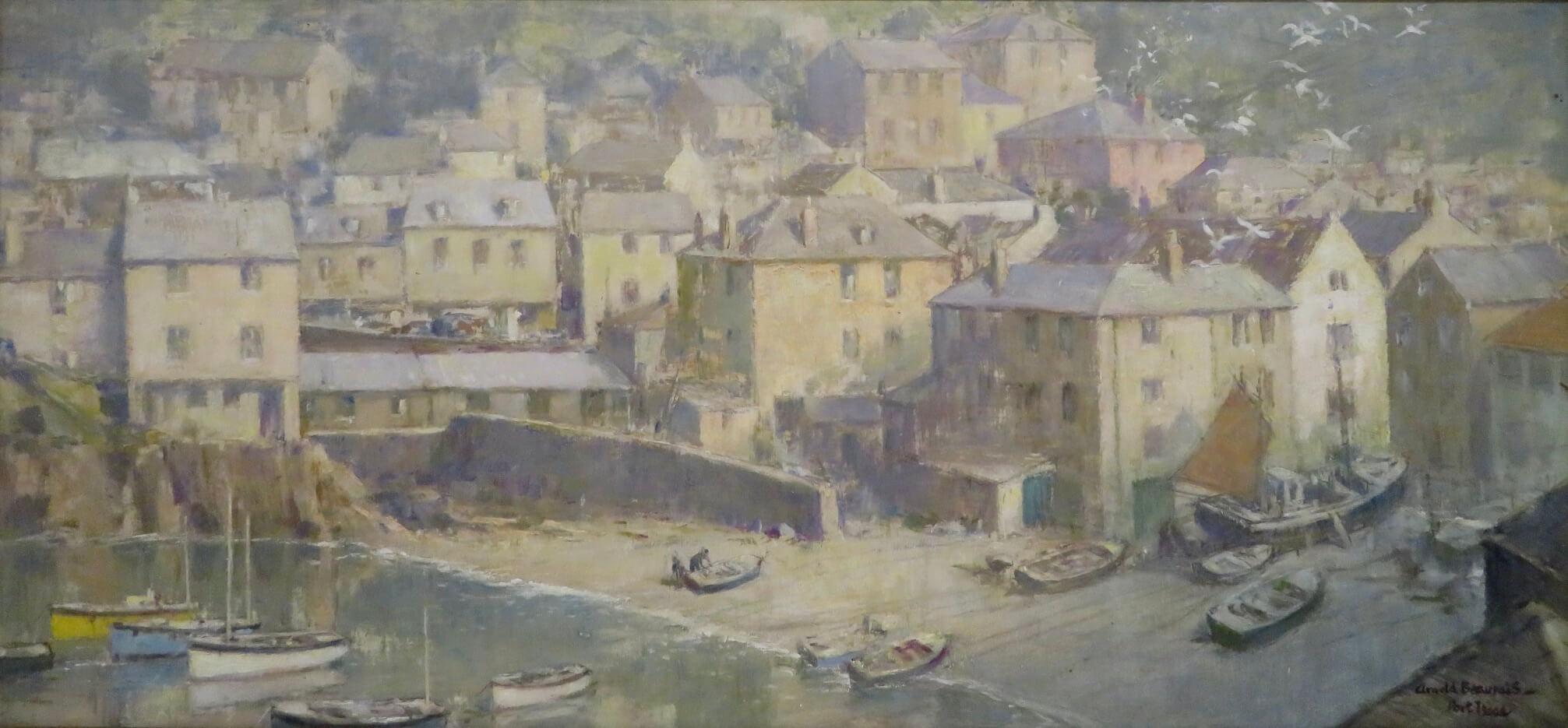 English Original large impressionist oil painting of PORT ISAAC CORNWALL C.1965 - Painting by Arnold Beauvais