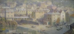 English Original large impressionist oil painting of PORT ISAAC CORNWALL C.1965