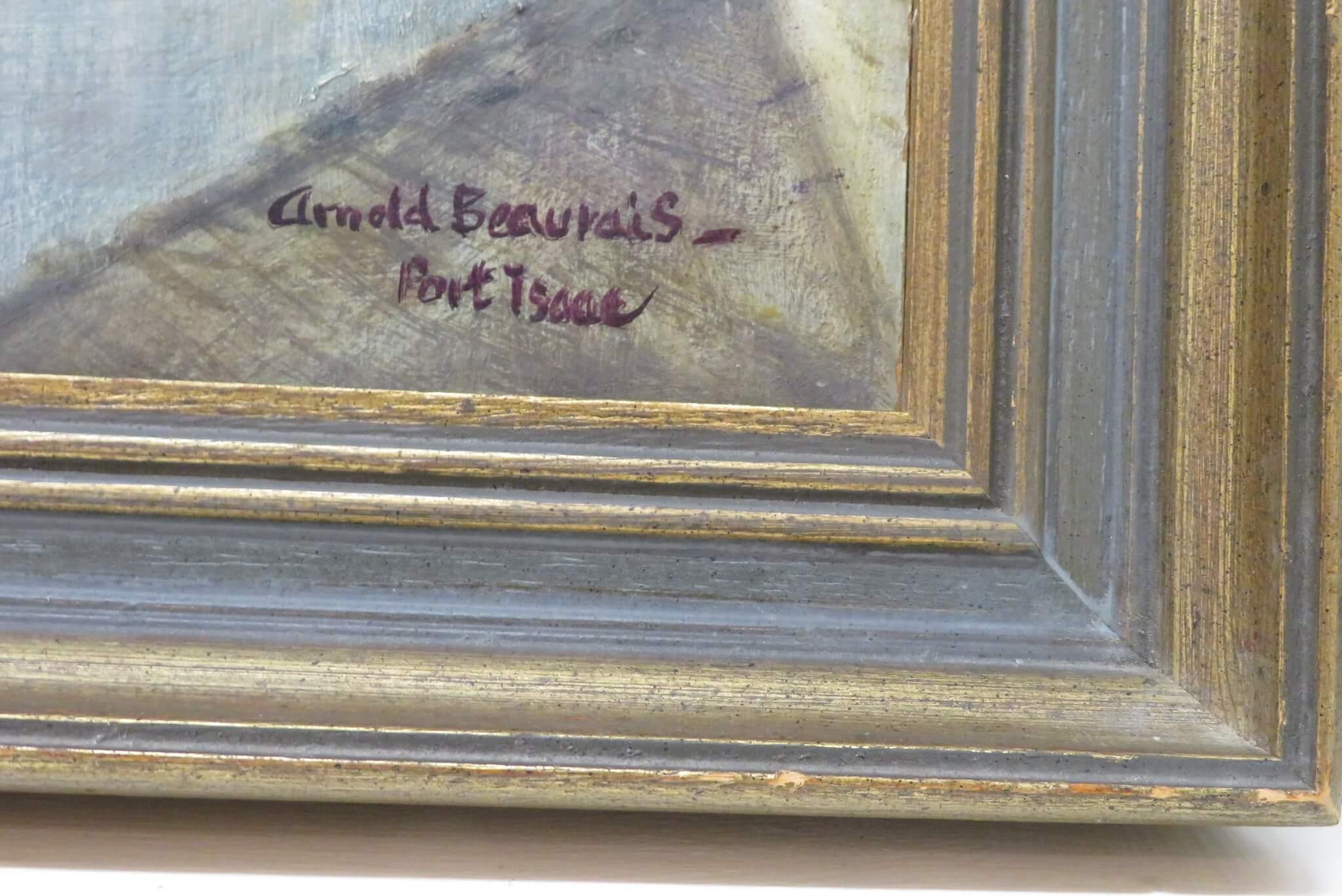 Englisches Originales großes impressionistisches Ölgemälde von PORT ISAAC CORNWALL, um 1965 (Grau), Landscape Painting, von Arnold Beauvais