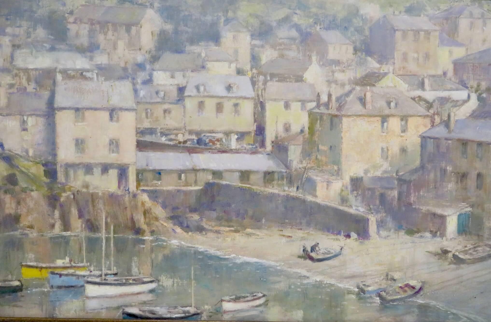English Original large impressionist oil painting of PORT ISAAC CORNWALL C.1965 - Gray Landscape Painting by Arnold Beauvais