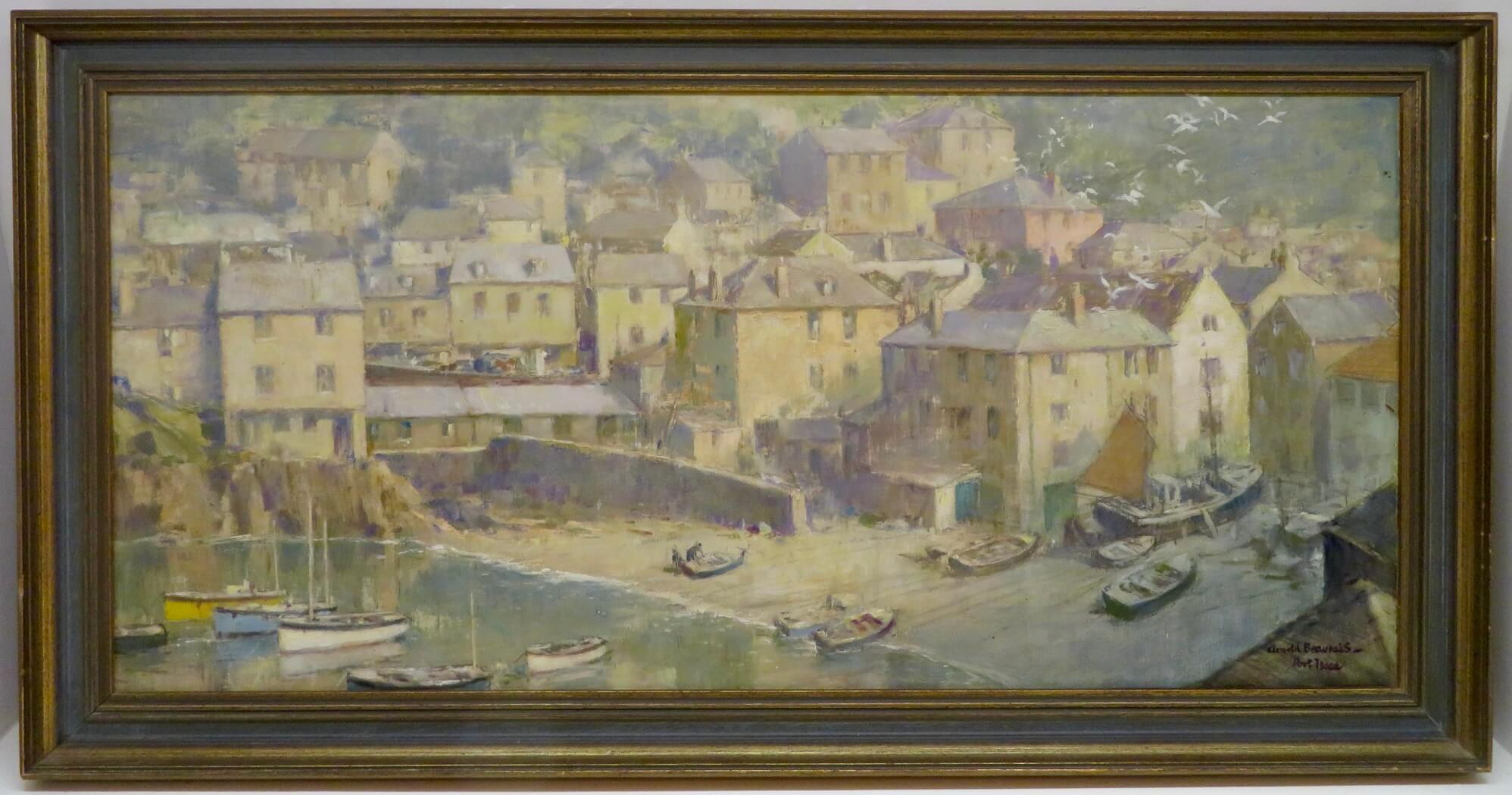 Arnold Beauvais Landscape Painting - English Original large impressionist oil painting of PORT ISAAC CORNWALL C.1965