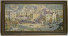 Vintage English Original large impressionist oil painting of PORT ISAAC CORNWALL C.1965