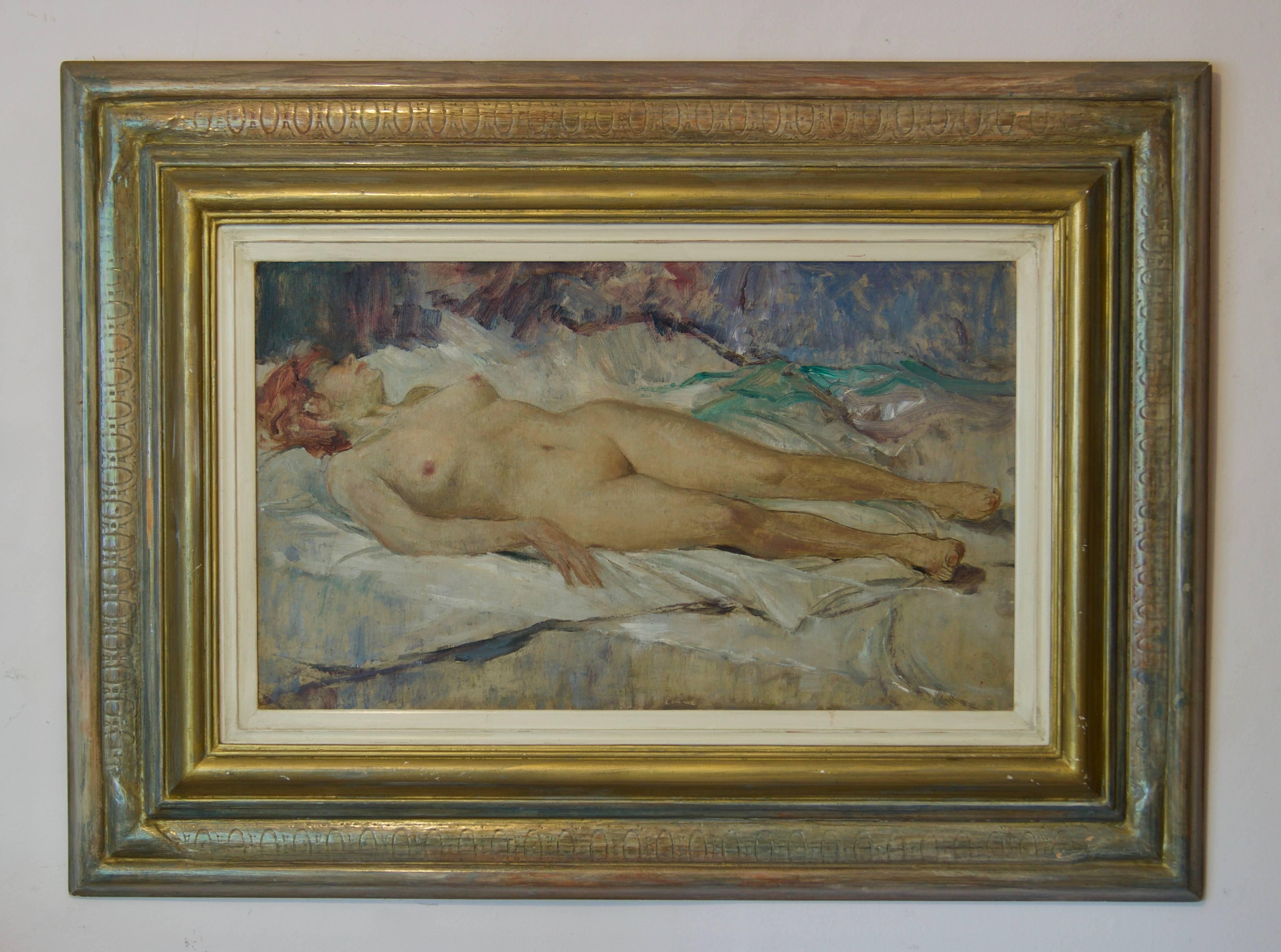 Nude Frau - Nudefarbenes Stillleben, Ölgemälde von Arnold Beauvais, Mitte des 20. Jahrhunderts im Angebot 1