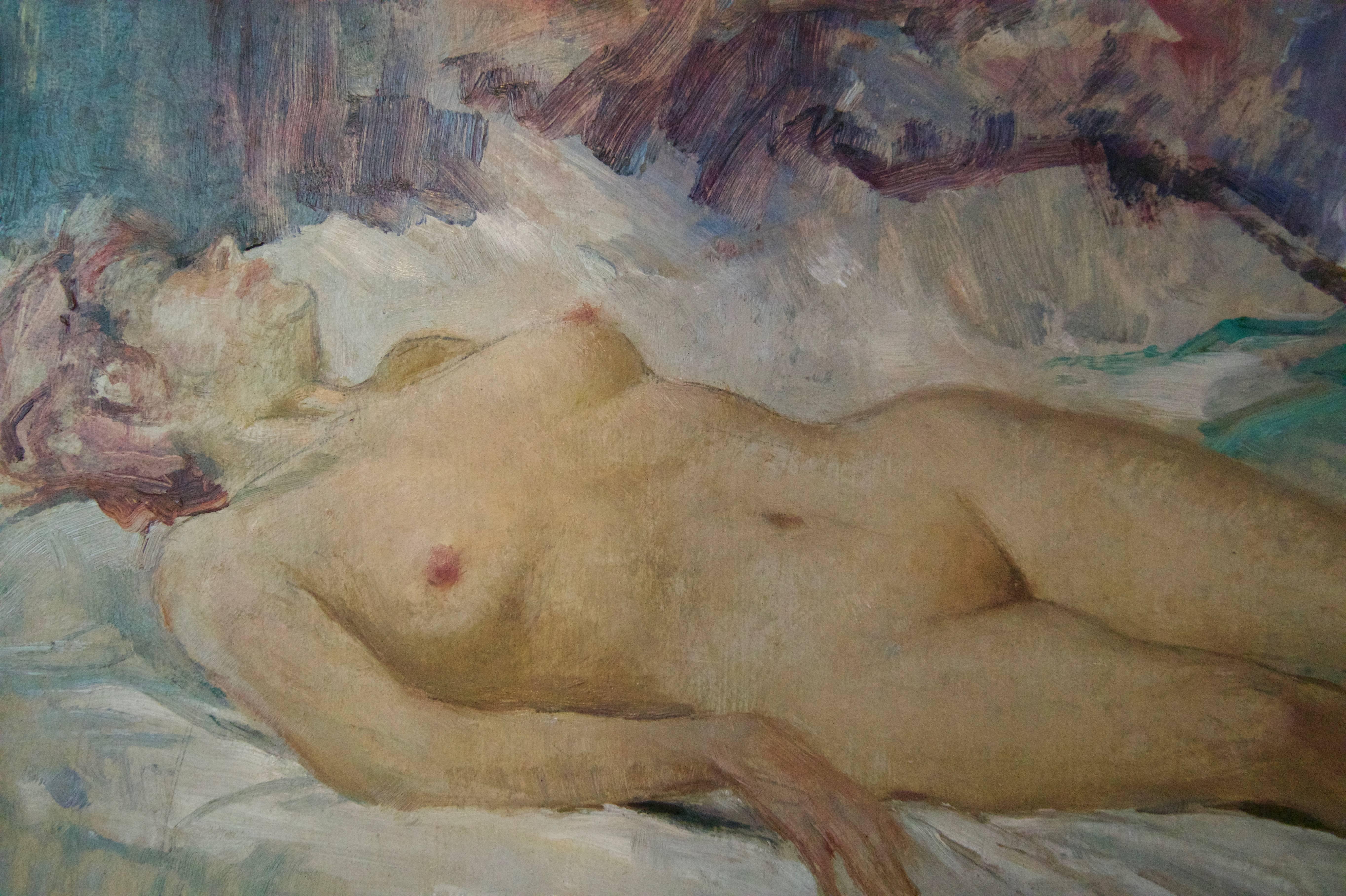 Nude Frau - Nudefarbenes Stillleben, Ölgemälde von Arnold Beauvais, Mitte des 20. Jahrhunderts im Angebot 2