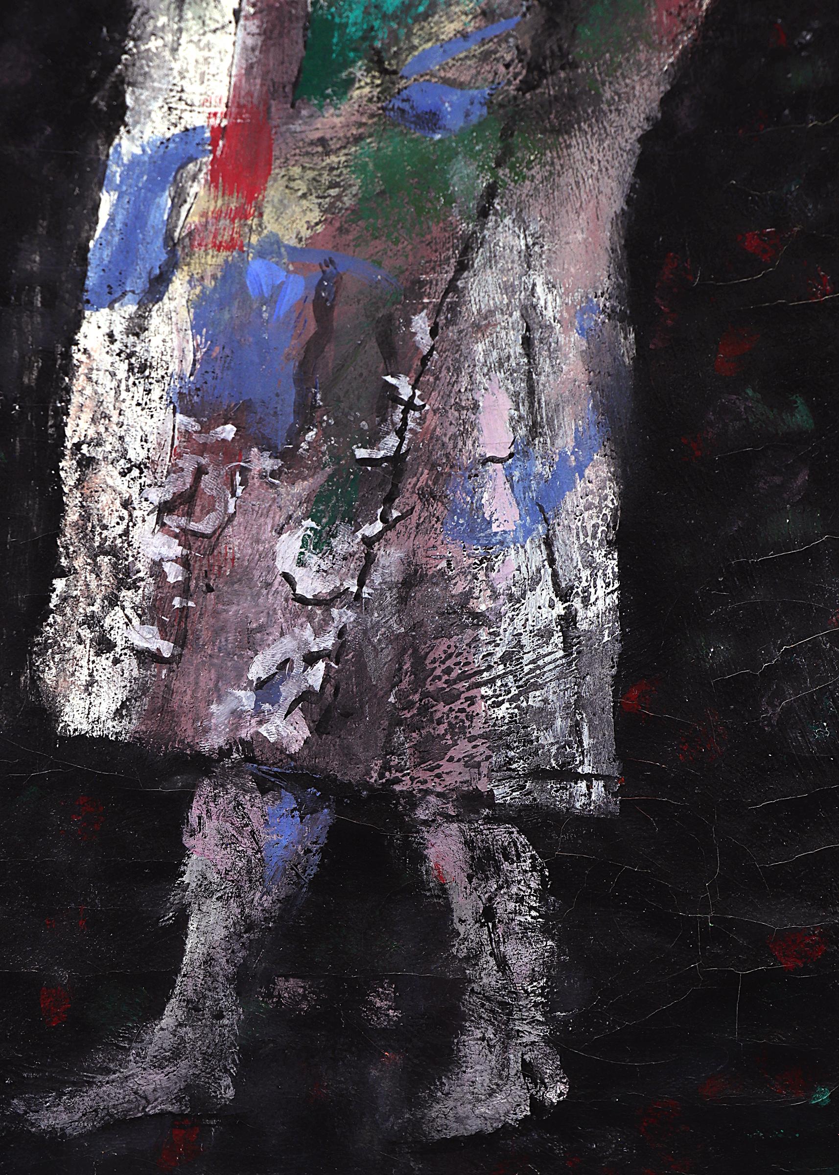 Untitled (Mortal Angel) is a semi-abstract oil painting of two female figures with black, white, blue and red by 20th Century artist Arnold Blanch from circa 1955. Presented framed, outer dimensions measure 27 ½ x 21 ½ x 1 ⅝ inches. Image size is 23