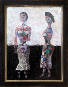 1950s Modernist Geometric Abstract Figurative Oil Painting, Female Figures
