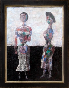 Retro 1950s Modernist Geometric Abstract Figurative Oil Painting, Female Figures