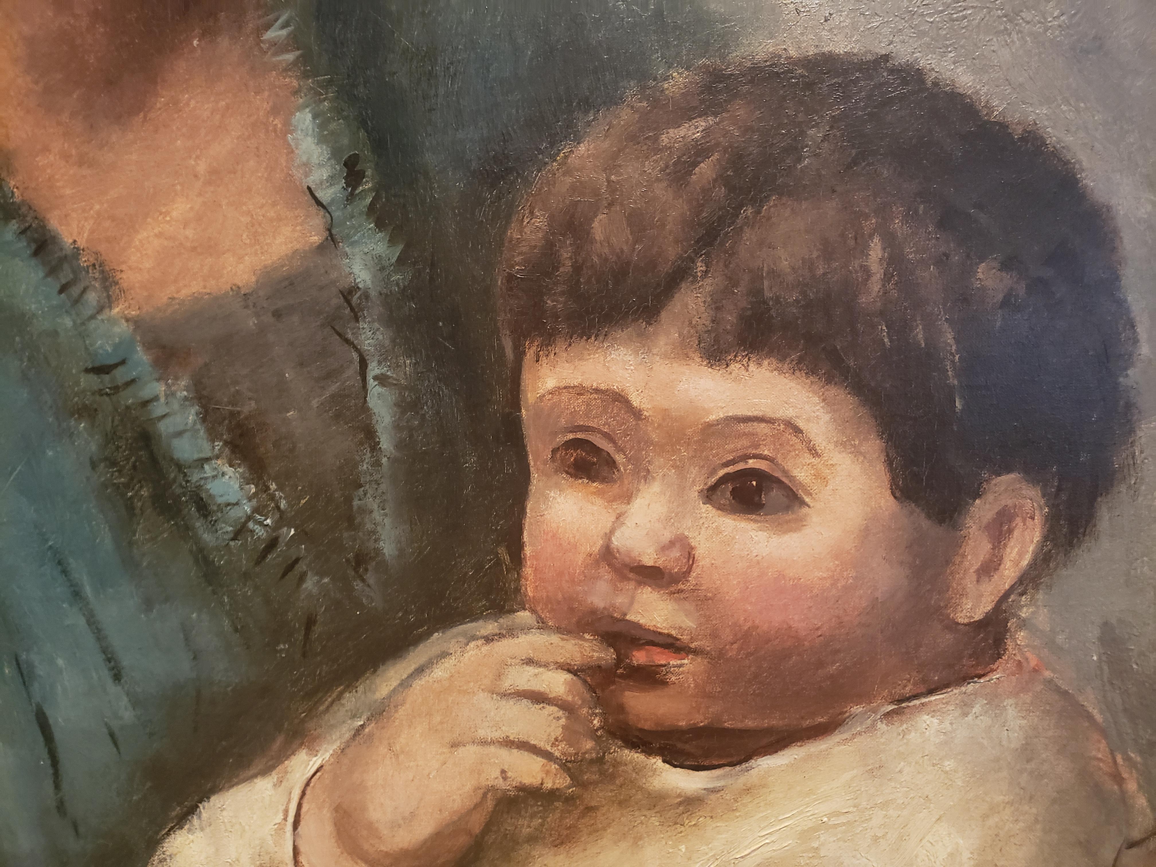 Bellissimo dipinto di una madre e un bambino, che ricorda il periodo blu di Picasso, con un'impressionante storia espositiva.
Arnold Blanch [New York, 1896-1968]
Mother & Child
Firmato in basso a destra
Olio su tela
39,5 x 28,5 pollici
47 x 36