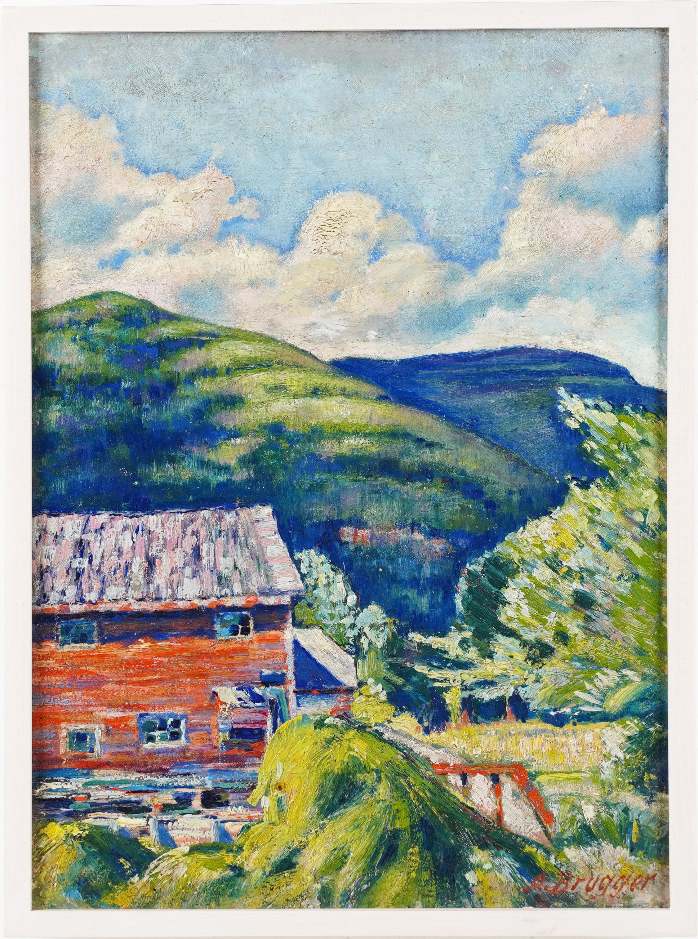 Peinture à l'huile ancienne encadrée Swiss Modern Mountain Landscape, signée - Painting de arnold brugger