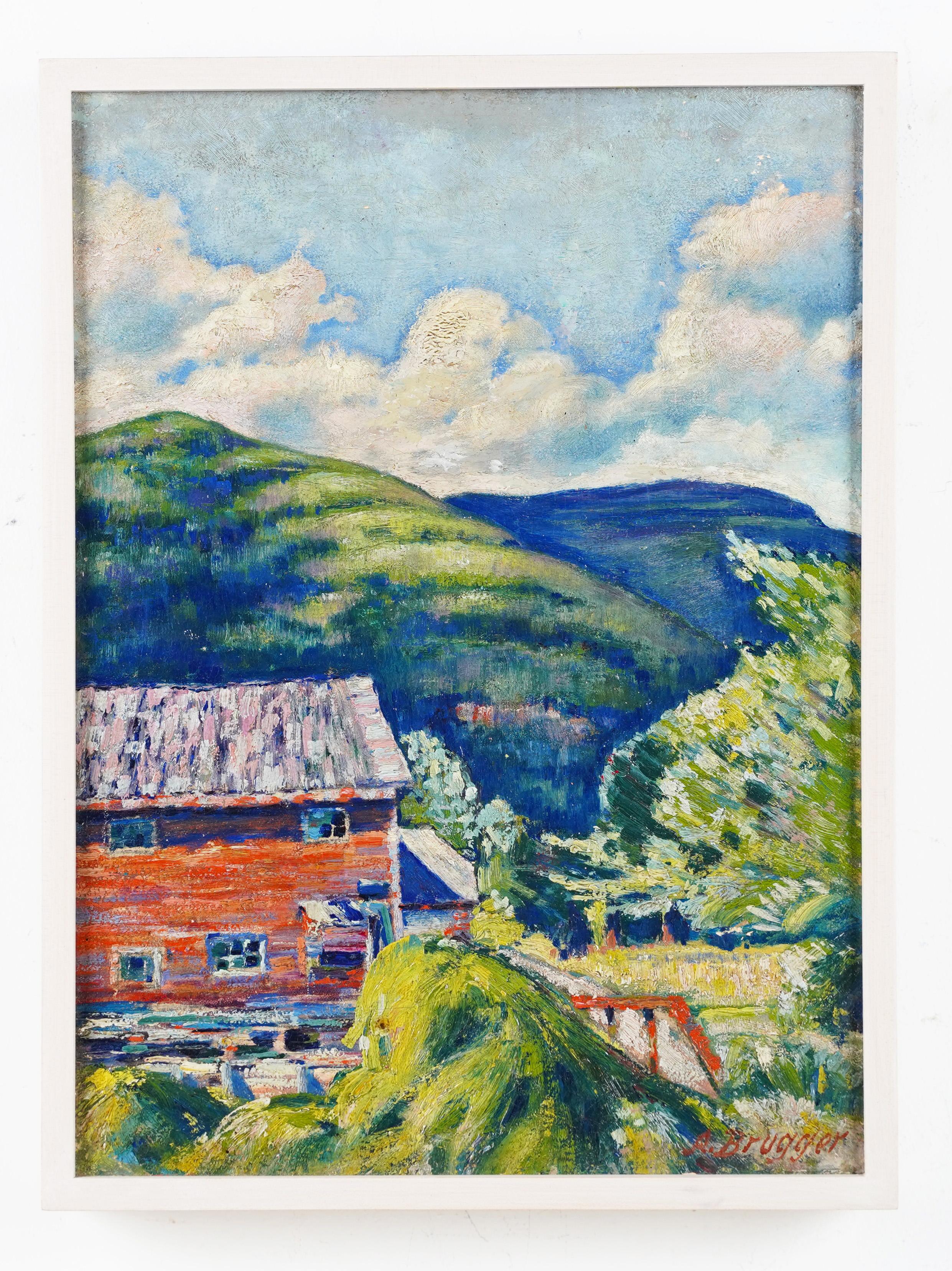 Peinture à l'huile ancienne encadrée Swiss Modern Mountain Landscape, signée - Moderne Painting par arnold brugger