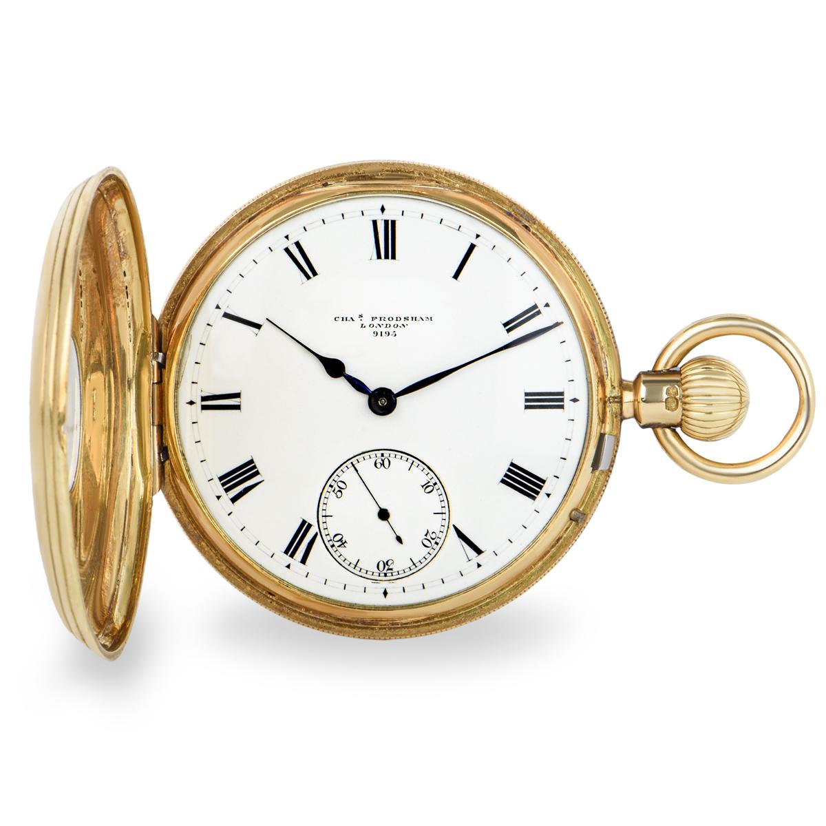 Arnold & Charles Frodsham Rare 18ct Yellow Gold Keyless Fusee Lever Enamel Half Hunter Pocket Watch C1905.

Dial: The perfect fully signed and numbered white enamel dial with Roman Numerals outer minute track and subsidiary seconds dial with an