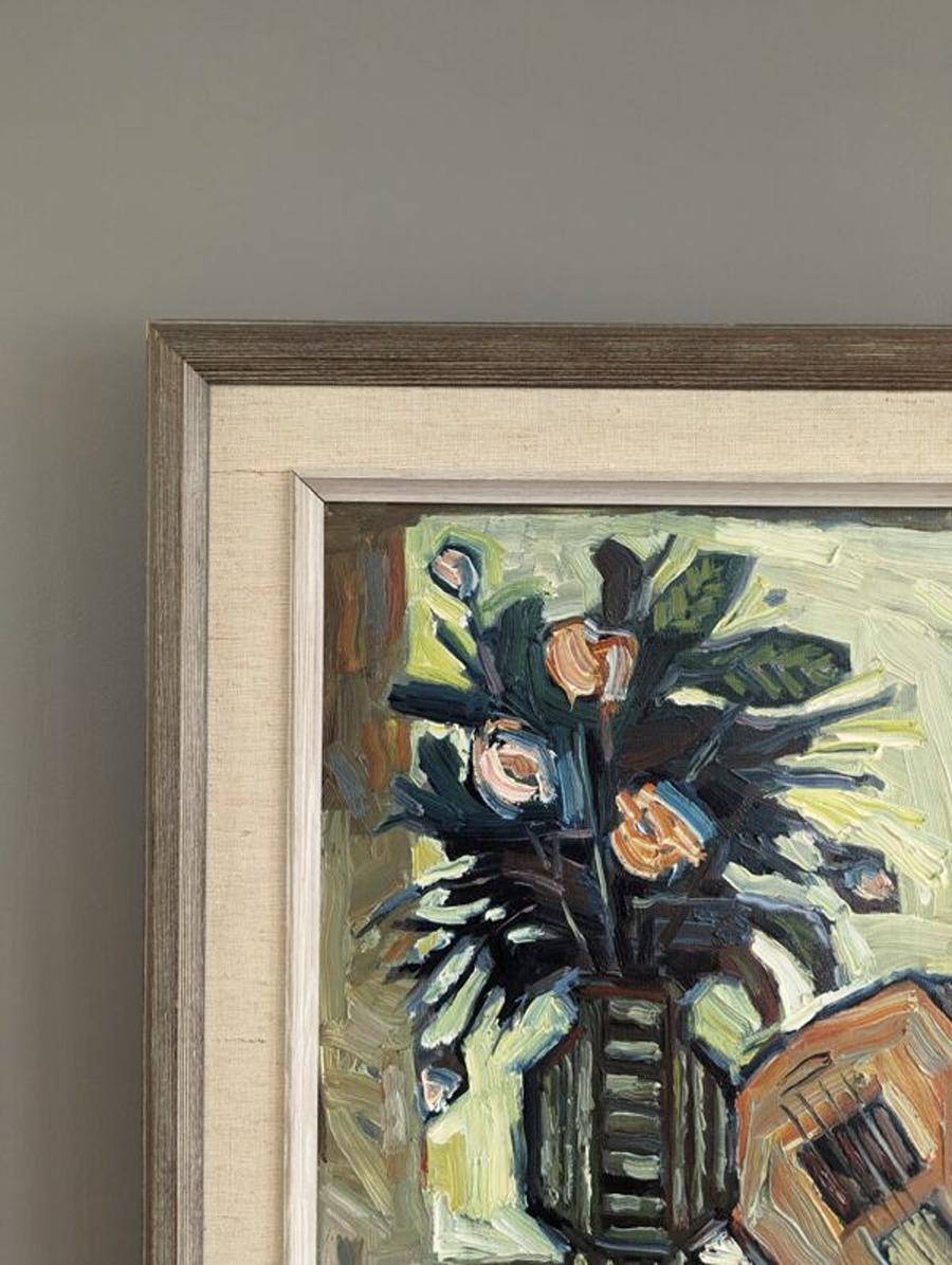 STILL LIFE WITH LUTE
Size: 59 x 50.5 cm (including frame)
Oil on Canvas

A brilliantly executed mid-century still-life modernist composition dated 1959, painted by the listed artist Arnold Eres (1917-1986) who is represented in public collections in