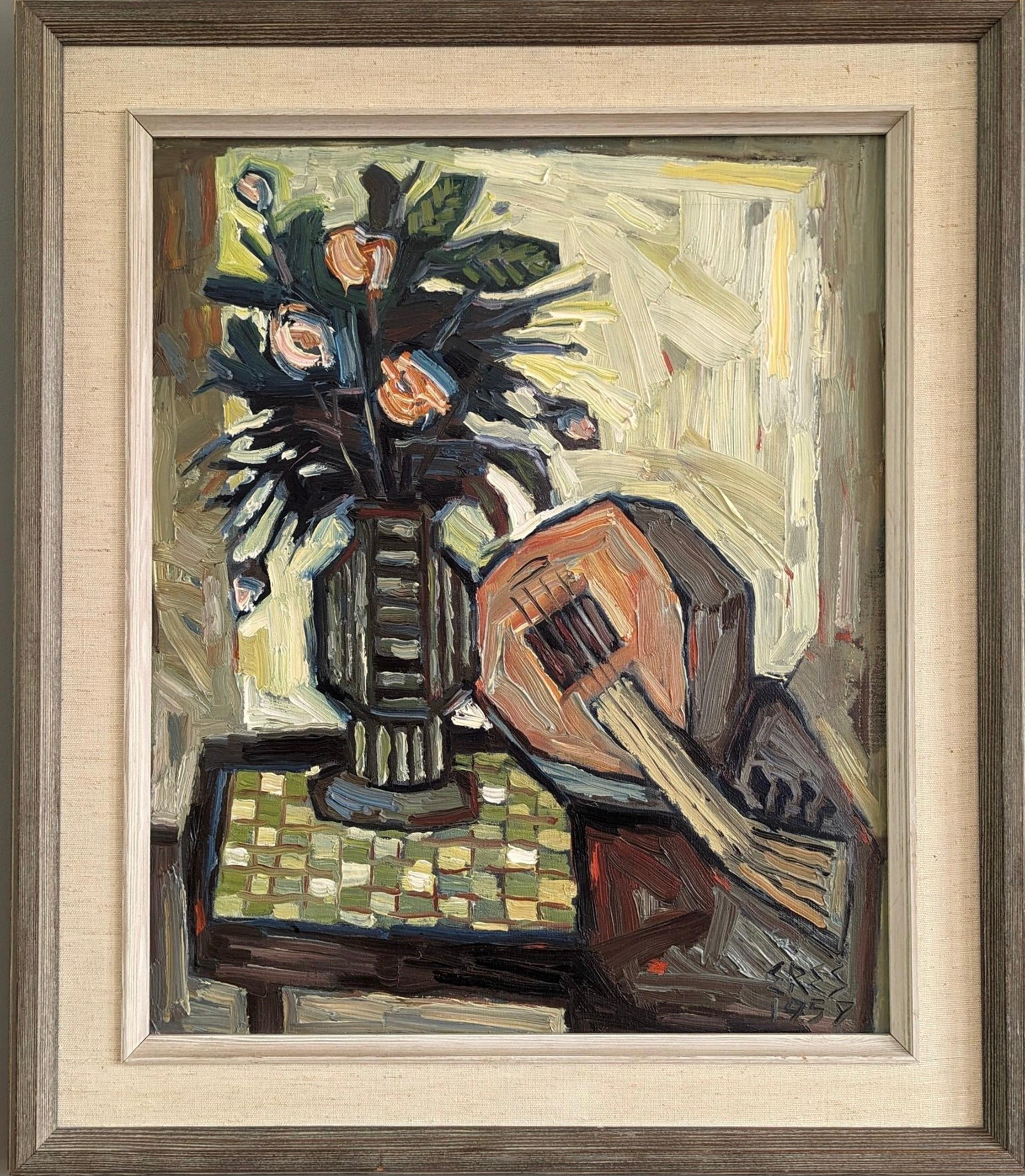 Arnold Eres Still-Life Painting - 1959 Vintage Mid-Century Modern Framed Oil Painting - Still Life with Lute