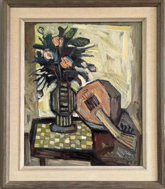 1959 Vintage Mid-Century Modern Framed Oil Painting - Still Life with Lute
