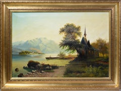 South German Mountains Rhine Valley Landscape w Chapel 1867 Framed Oil Painting