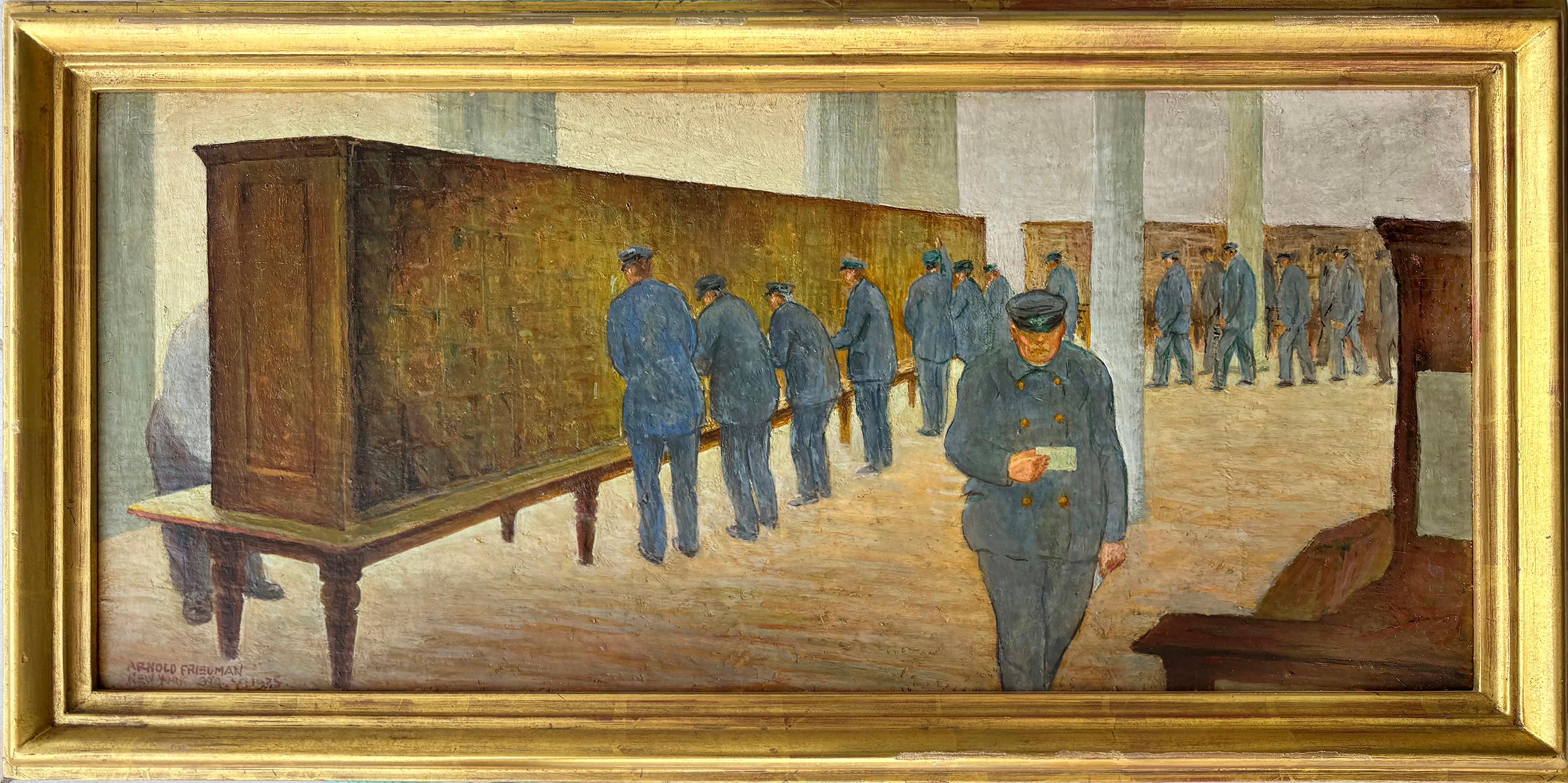Scena americana Ufficio postale di New Era, epoca della Depressione - Painting di Arnold Friedman