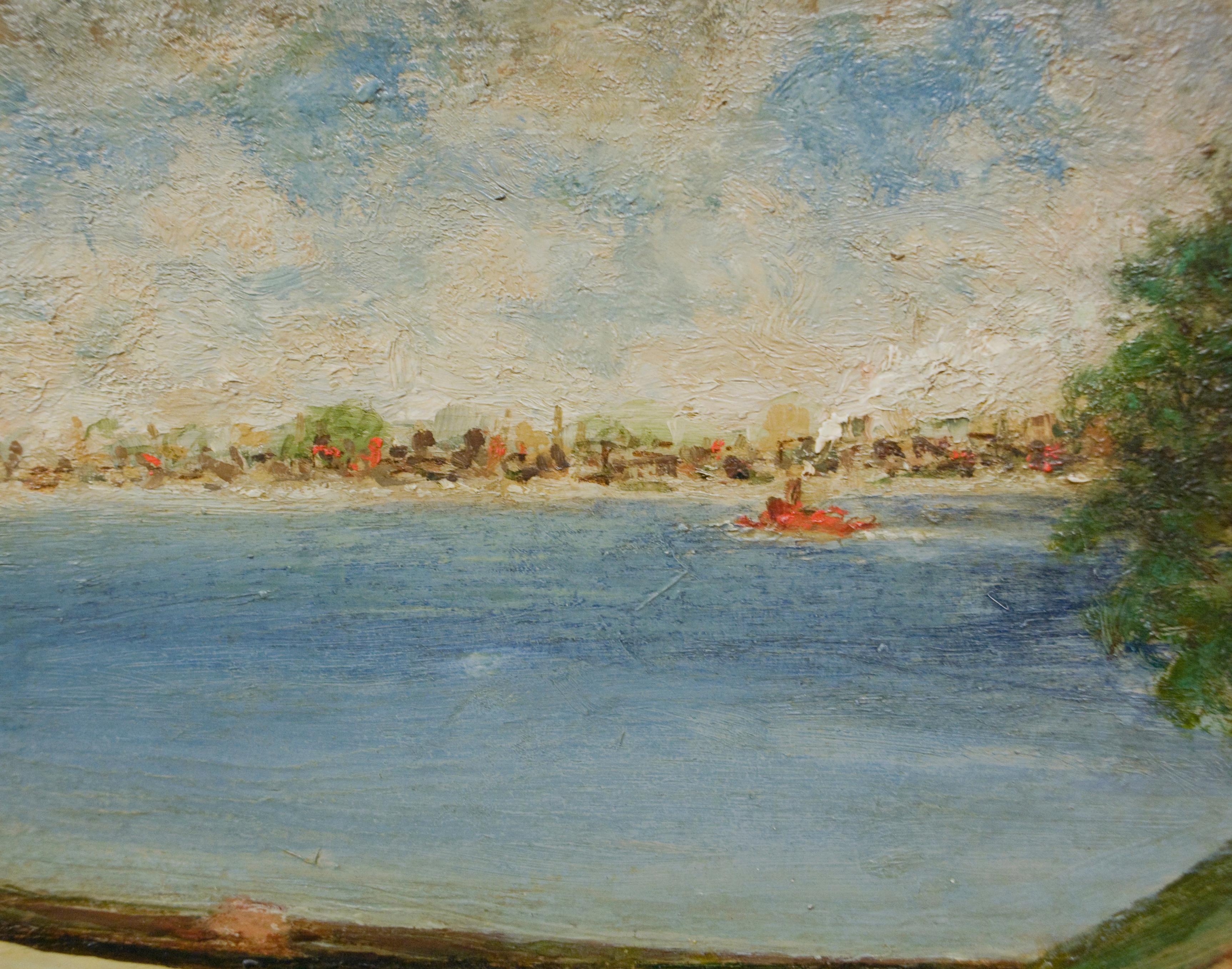 Untitled (Red Wheelbarrow), New York Harbor Scene - Painting by Arnold Friedman