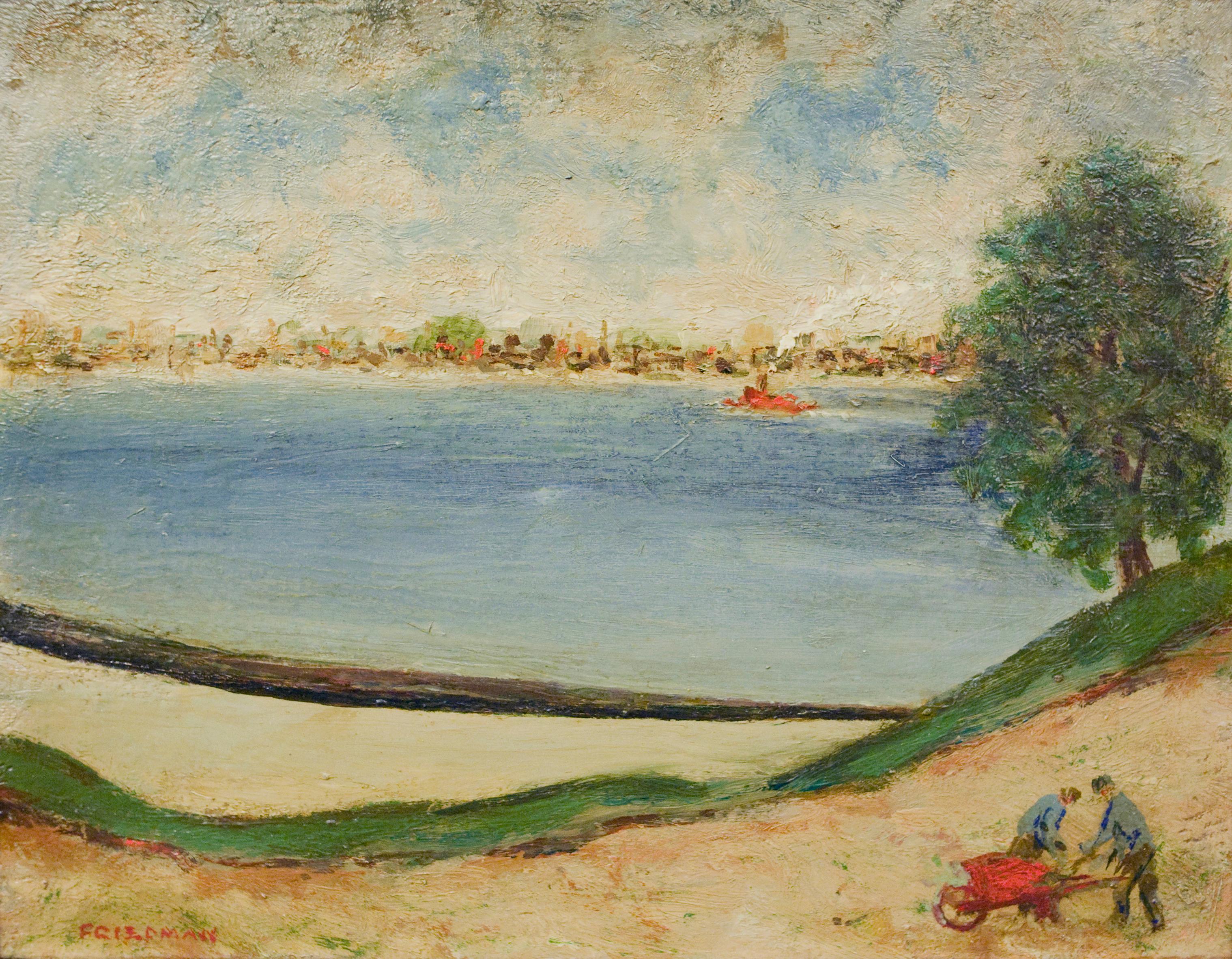 Arnold Friedman Landscape Painting - Untitled (Red Wheelbarrow), New York Harbor Scene