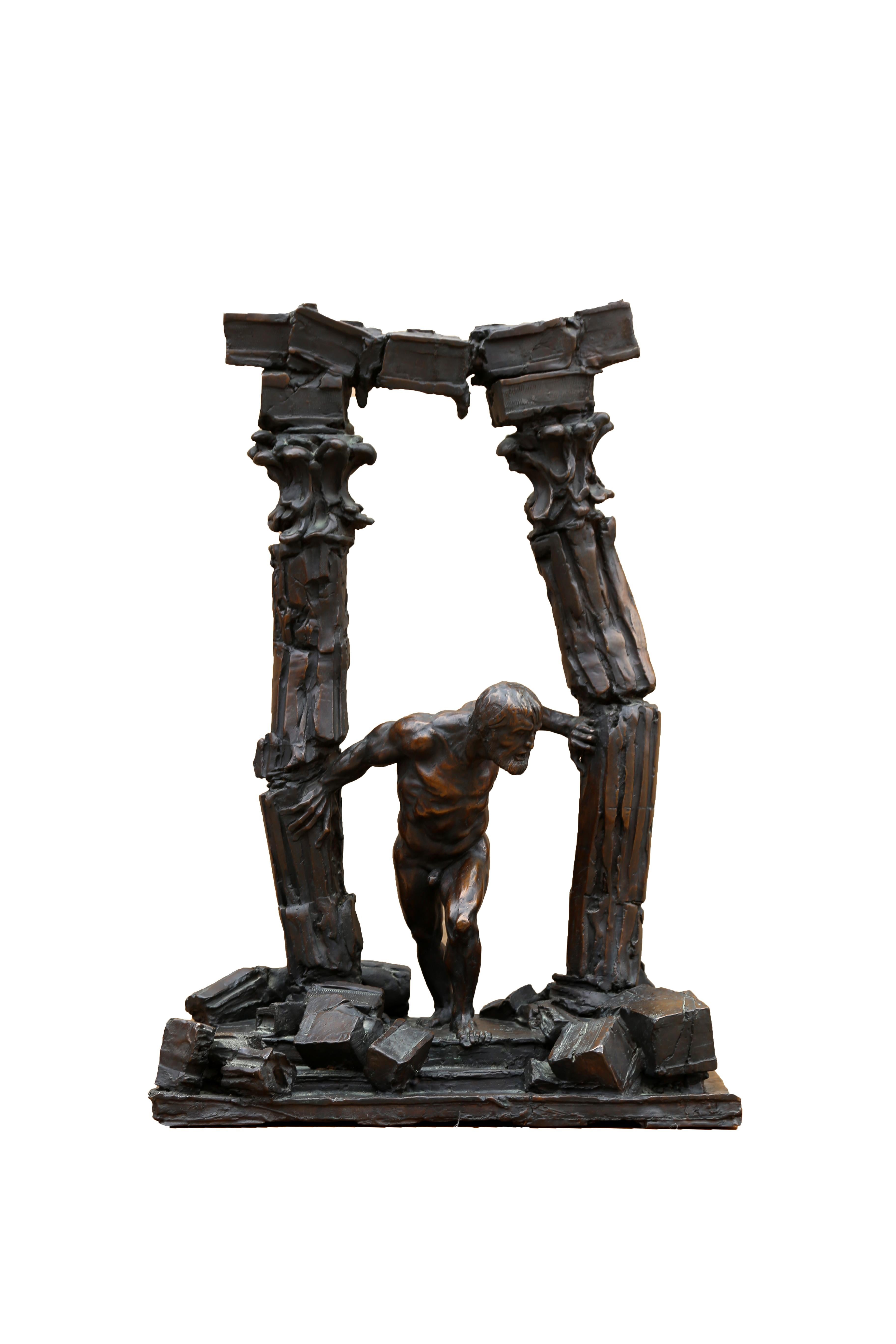 Bronzeskulptur des blinden Samson, der den Tempel in der letzten Handlung der Geschichte von Samson und Delilah zum Einsturz bringt, geschaffen vom amerikanischen Künstler Arnold Goldstein (1937). Dieses Kunstwerk hat die Signatur und die