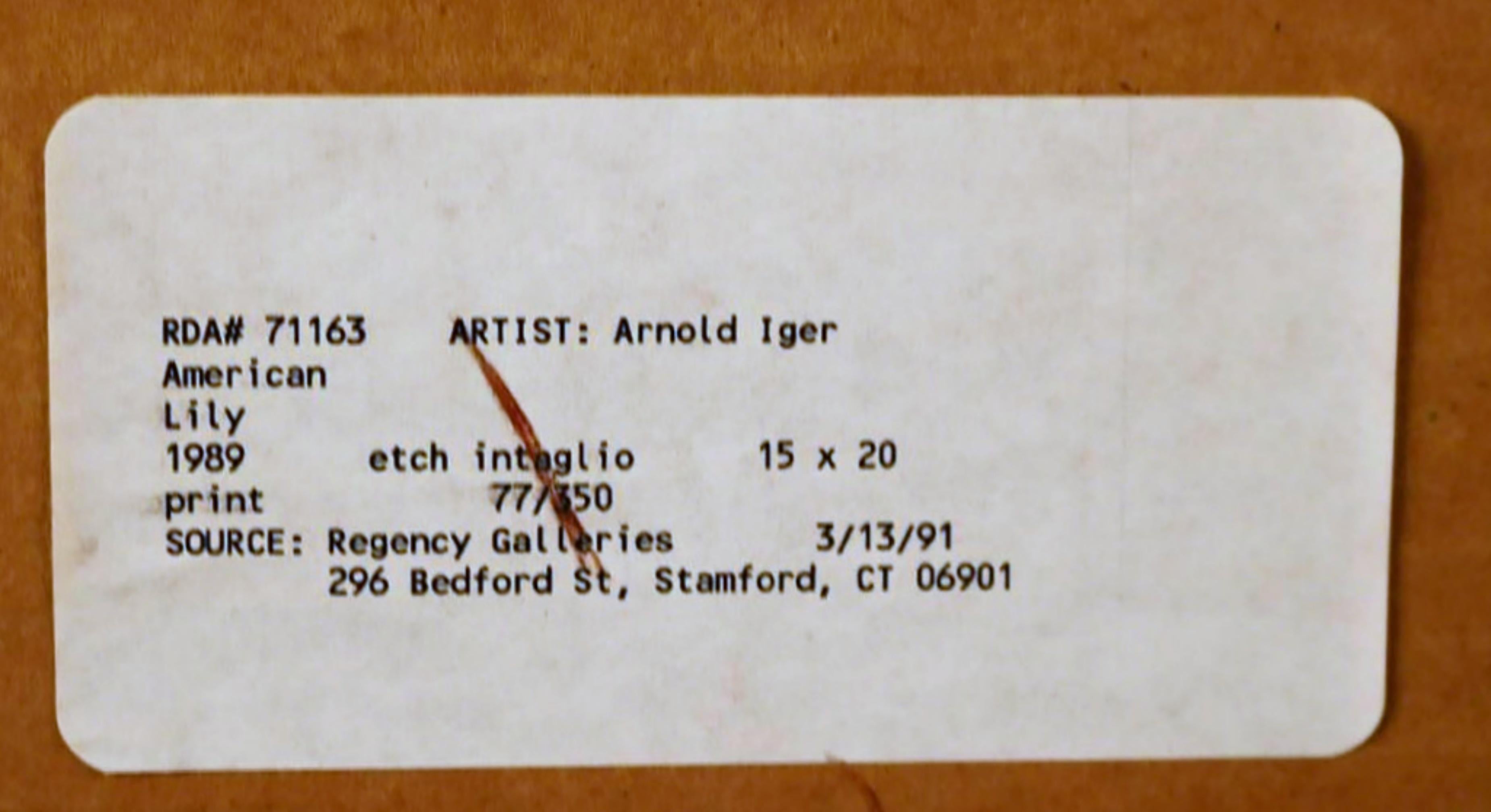 Arnold Iger
Lily (Readers Digest Association Art Collection), 1988
Intaglio (Hand Signed, Dated, Titled, Numbered & Framed)
Signed in pencil lower right recto Numbered 
