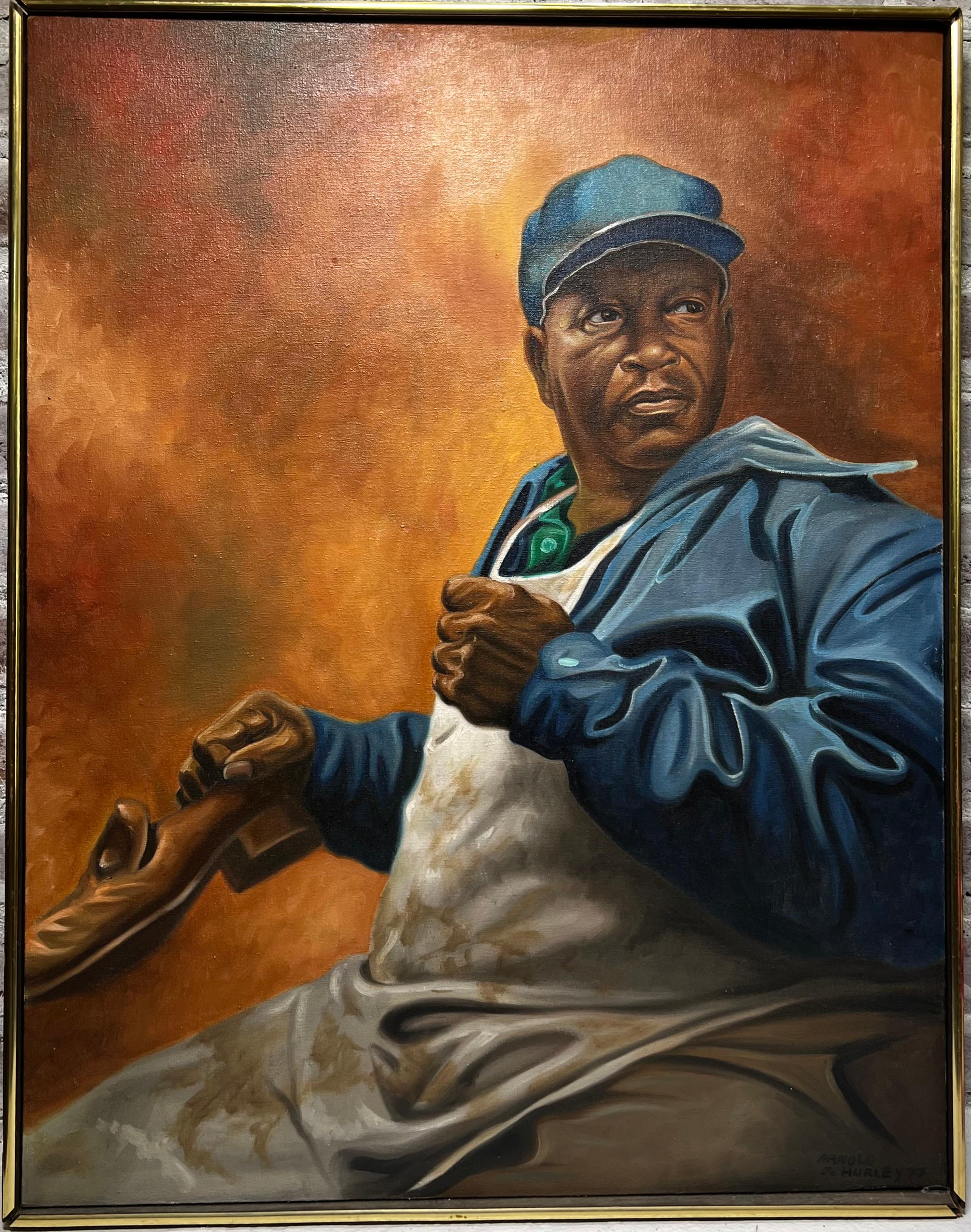1977 REALISTA Afroamericano LUSTRAZAPATOS Retrato Pintura ARTISTA BLM - Painting de Arnold j hurley