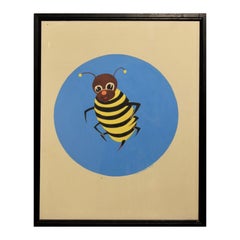 Vintage Colorful Blue, Yellow, and Black Bumble Bee Pop Art Insect Painting