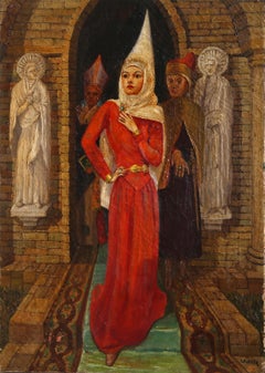 Woman Wearing a Hennin, Signed Folk Oil Painting by Arnold Koblitz