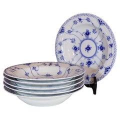 Arnold Krog - Royal Copenhagen Blau geriffeltes Musselmalet - 6 tiefe Suppenteller 566