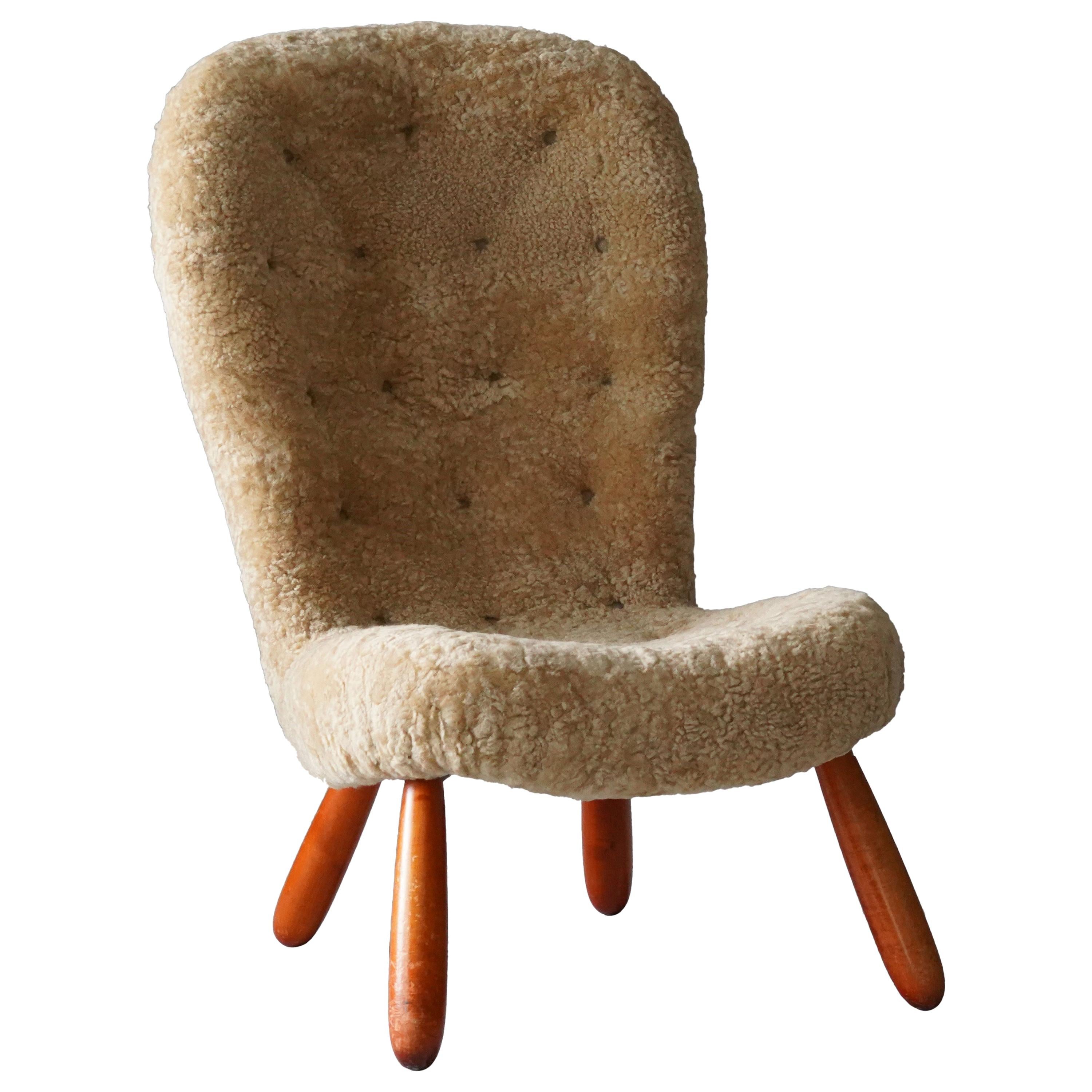 Arnold Madsen 'Attribution', "Clam" Lounge Chair, Sheepskin, Wood, Sweden, 1950s