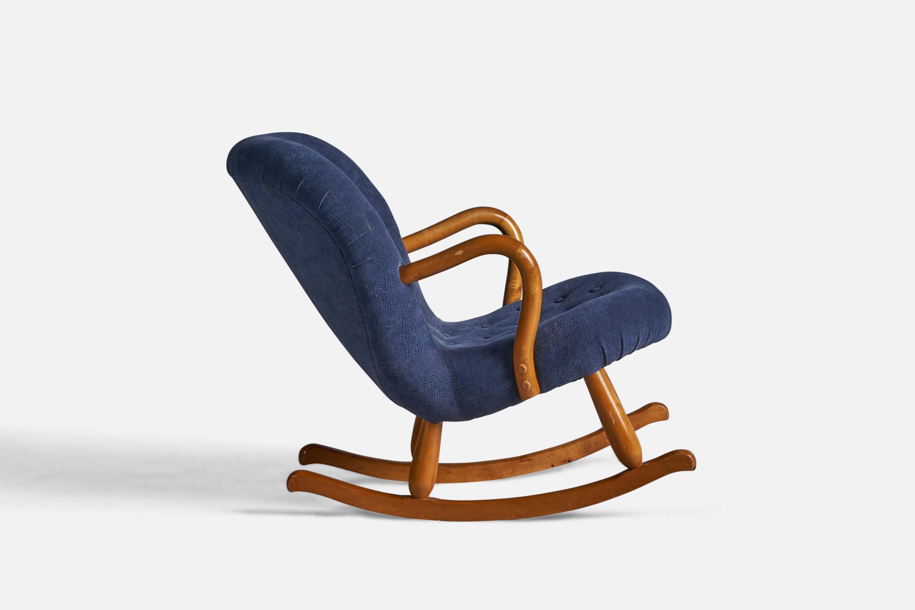 Danish Arnold Madsen Attribution, Rocking Chair, Birch, Fabric, Denmark, 1950s For Sale