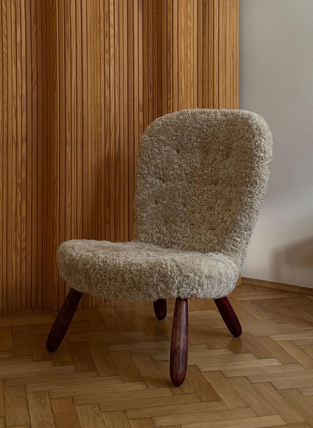 Scandinavian Modern Clam Chair by Arnold Madsen in Sheepskin, Denmark, 1940s