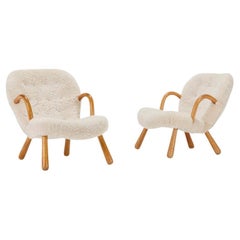 Arnold Madsen Rare Pair of Ivory Sheepskin Shearling Clam Chairs 1944