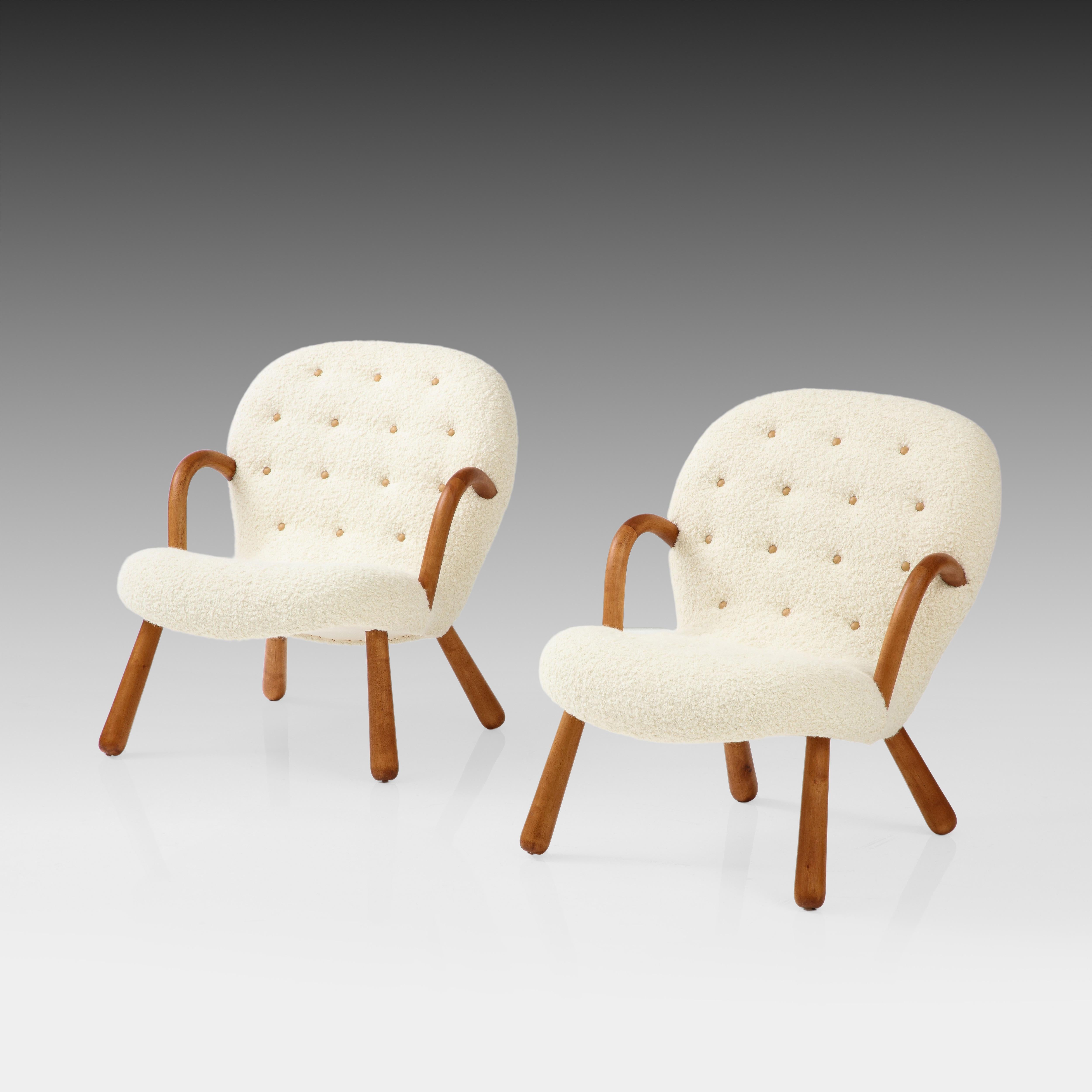 Bouclé Arnold Madsen for Madsen & Schubell Rare Pair of Clam Chairs, Denmark, 1944 For Sale
