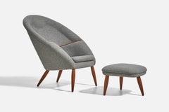 Arnold Madsen, Lounge Chair With Ottoman, Oak, Grey Fabric, Denmark, 1956