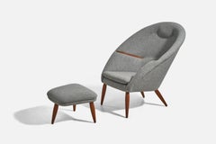 Arnold Madsen, Lounge Chair With Ottoman, Oak, Grey Fabric, Denmark, 1956