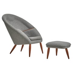 Retro Arnold Madsen, Lounge Chair With Ottoman, Oak, Grey Fabric, Denmark, 1956