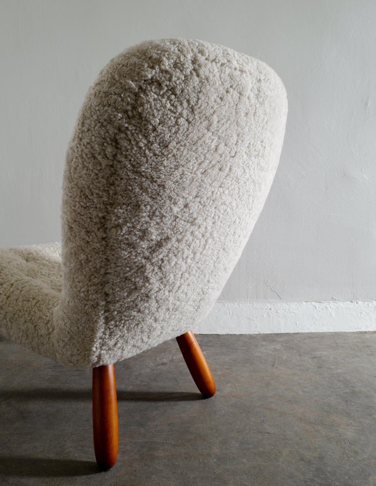 Danish Arnold Madsen / Philip Arctander Clam Chair in Sheepskin Prod in Denmark, 1940s For Sale