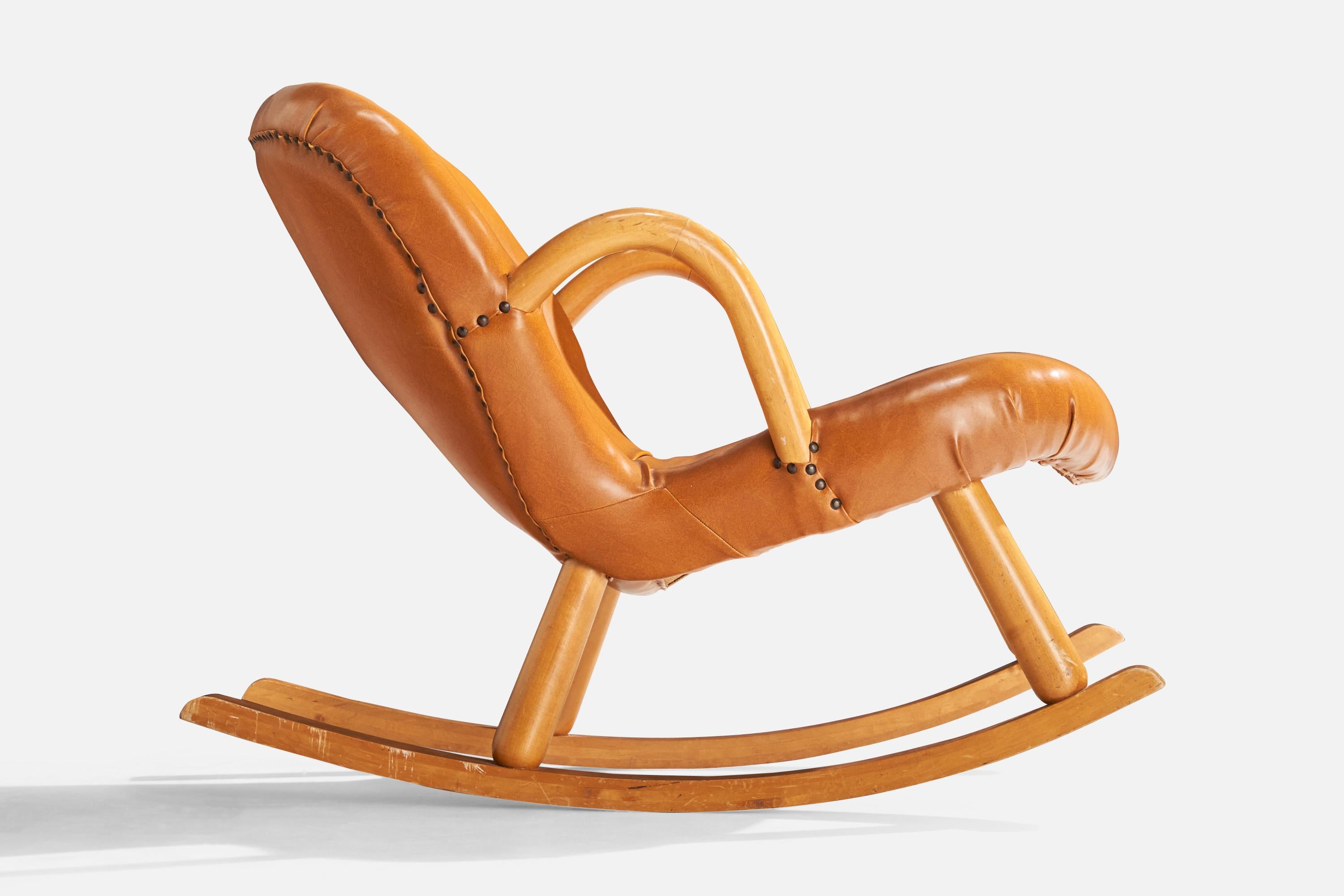 Arnold Madsen, Rocking Chair, Beech, Leatherette, Sweden, 1950s For Sale 4