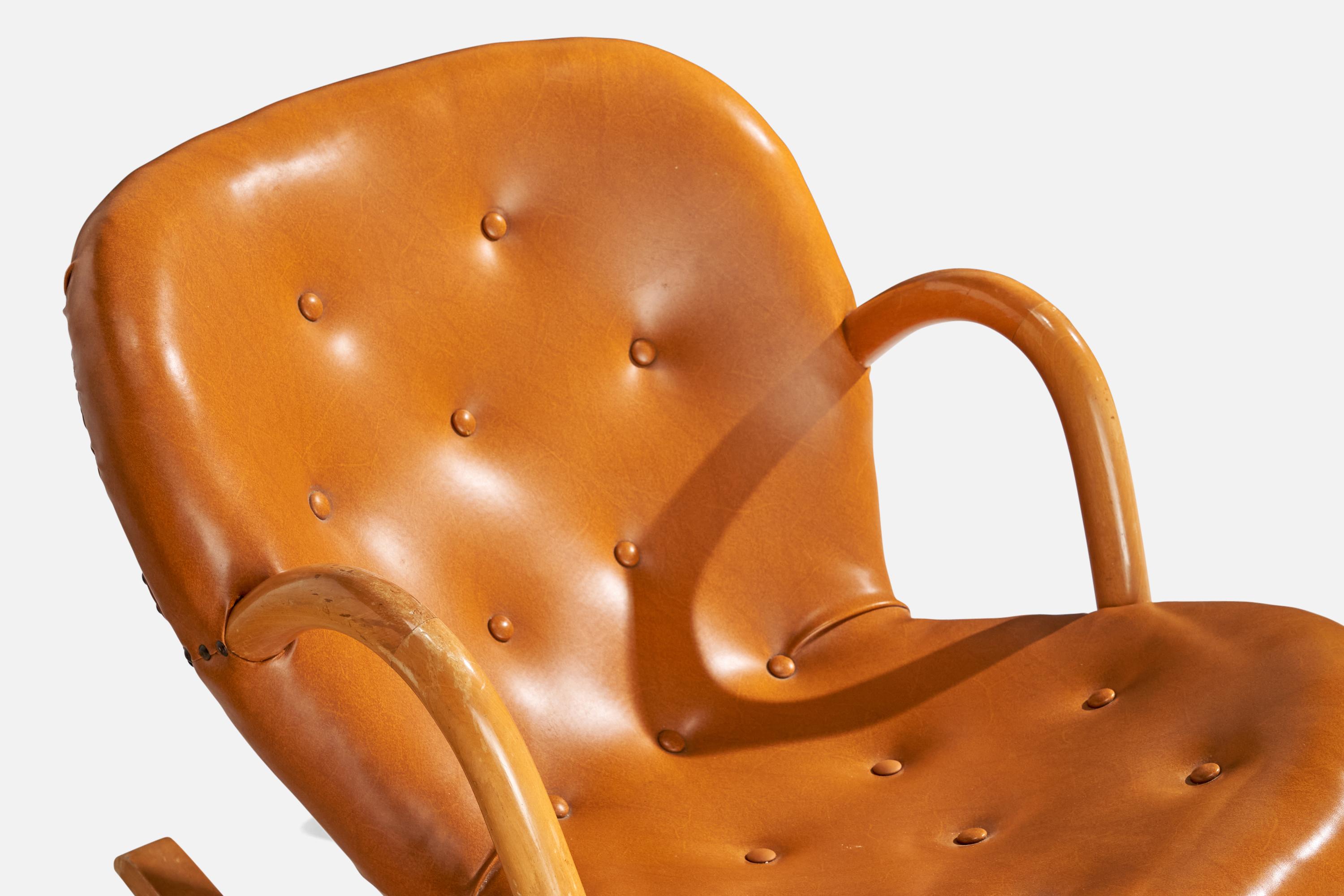 Arnold Madsen, Rocking Chair, Beech, Leatherette, Sweden, 1950s For Sale 5