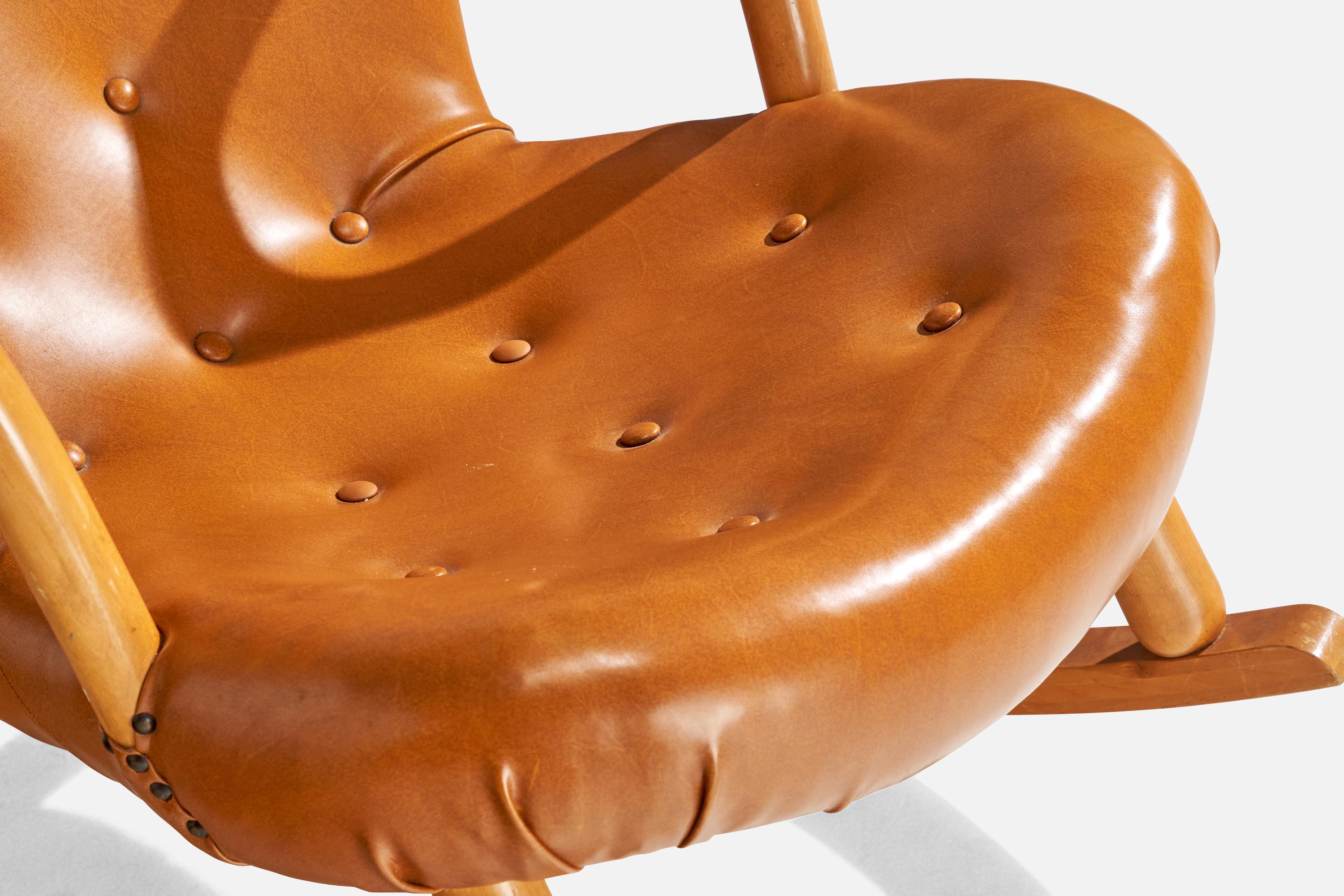 Arnold Madsen, Rocking Chair, Beech, Leatherette, Sweden, 1950s For Sale 8