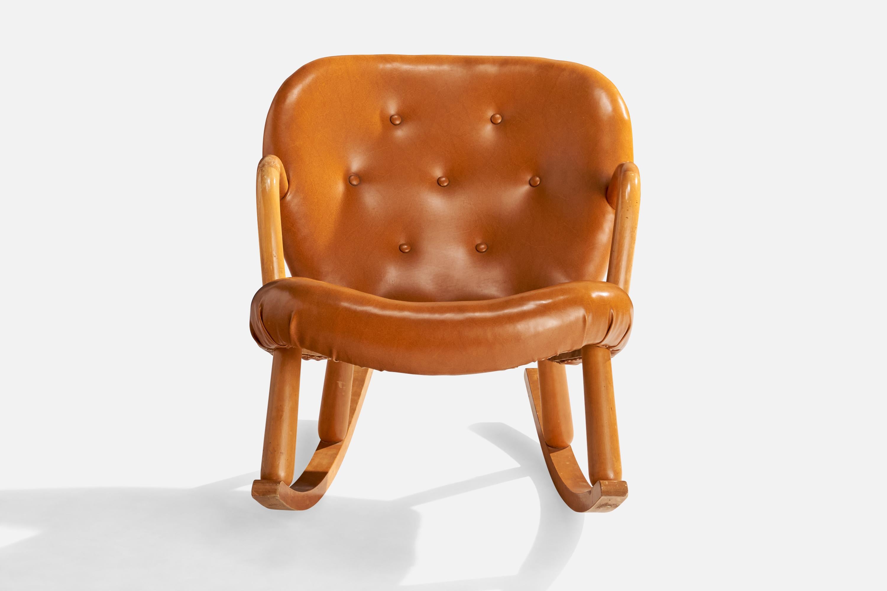 Scandinavian Modern Arnold Madsen, Rocking Chair, Beech, Leatherette, Sweden, 1950s For Sale